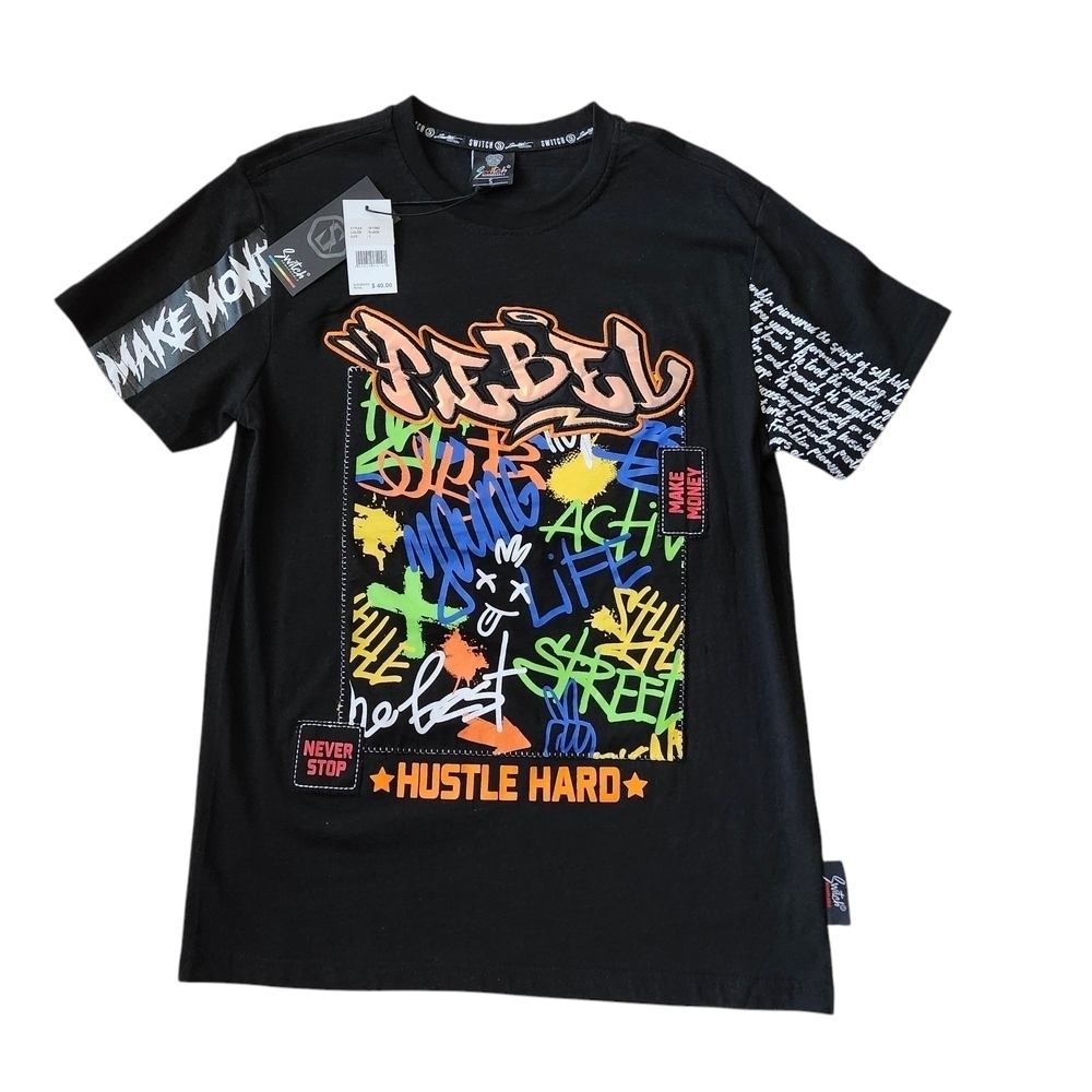 Men’s Small Graphic Streetwear Tee – REBEL Hustle Hard (Fits Kids L/XL Too!)